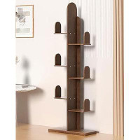 Latitude Run® Wooden Cactus Bookcase: Geometric Tree Shelf For Bedroom And Living Room In Walnut Finish