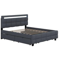 Ivy Bronx Kinnsley Queen Size Linen Upholstered Platform Bed with LED Frame and 4 Drawers