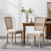 One Allium Way French Style Solid Wood Frame Antique Painting Linen Fabric Square Rattan Back Dining Chair,set Of 2,crea