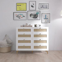 Ceballos White Colour 8 Drawers Chest Of Drawers With Rattan Drawer Face Golden Legs And Handles