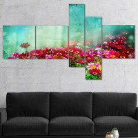 East Urban Home 'Little Red and Pink Flowers on Blue' Graphic Art Print Multi-Piece Image on Canvas