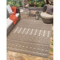 Millwood Pines Geometric Modern Contemporary Outdoor Area Rug for Living Room - Brown