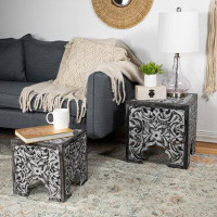 Northlight Seasonal Set Of 2 Antique Grey And Black Square Stackable Nesting Side Table And Stool 16"