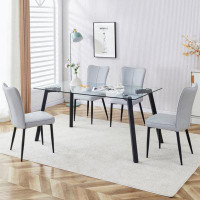 George Oliver Table And Chair Set. 1 Table And 6 Light Grey Chairs. Glass Dining Table With 0.31-Inch Tempered Glass Tab
