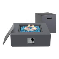 Latitude Run® 35'' Square 50,000 BTU Patio Propane Iron Fire Pit Table With Tank Cover, Lid, (Free Glass Stone), Dark Gr