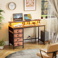 Williston Forge Modern Rustic Brown Gaming Desk With LED Lights, Charging Station, Storage Drawers, And Ergonomic Monito