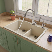 33x22 Double Bowl Drop In - Top Mount Granite Composite Kitchen Sink (70/30) 5 Finishes, Low Profile 36 in Cabinet  ATC