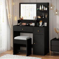 Wrought Studio Vanity Set with Lights, Stool, and Charging Station