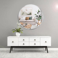 Ebern Designs Round 32 Inch Metal Frame Bathroom Mirror Wall-Mounted Makeup Small Mirror For Bedroom Living Room Decor,