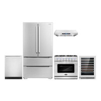Cosmo 5 Piece Kitchen Package With 36" Freestanding Gas Range  36" Under Cabinet 24" Built-in Fully Integrated Dishwashe