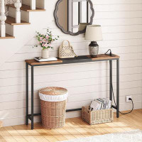 17 Stories Narrow Console Table With Power Outlets,Rustic Brown And Black