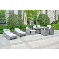 Moda Furnishings Balsam Gas Fire Pit Dining Table Set, 6 Chairs, 4 Ottomans, 2 Sun Lounges And A Side Table