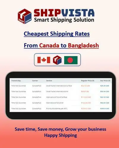 ShipVista provides the cheapest shipping rates from Canada to Bangladesh. Whether you are an individ...