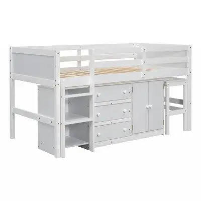 Harriet Bee Twin Size Low Loft Bed With Pull-Out Desk, Drawers, Cabinet, And Shelves