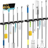 WFX Utility™ 2 Pack Black 5 Racks And 4 Hooks Mop And Broom Holder Wall Mount, Broom Organizer Storage Tool Racks Stainl