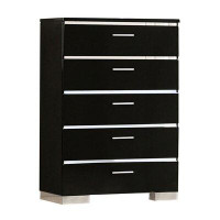 Everly Quinn High Gloss Lacquer Coated 5 Drawer Chest With Bracket Feet,Black And Chrome
