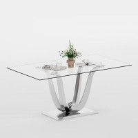 Juxing Furniture Inc Thick Tempered Glass Top Rectangular Dining Table With Stainless Steel Base For Dining Room