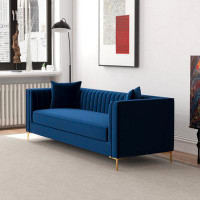 Mercer41 Angelina Mid-Century Modern Dark Blue Velvet Tufted Sofa