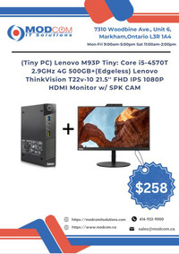 PC OFF LEASE Lenovo M93P Tiny: Core i5-4570T 2.9GHz 4G 500GB + (Edgeless) Lenovo ThinkVision 21.5 Monitor For Sale!!