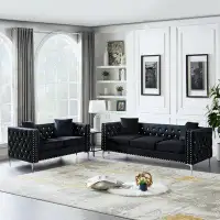 House of Hampton 2 Piece Modern Velvet Living Room Set With Sofa And Loveseat,Jeweled Button Tufted Copper Nails Square