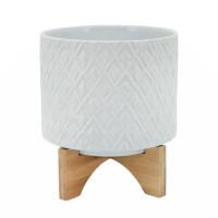 George Oliver Ceramic Planter With Diamond Pattern And Wooden Stand, Small, White