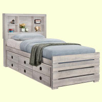 Union Rustic Farmhouse Style Twin Size Bookcase Captain Bed With Three Drawers And Trundle, Rustic White