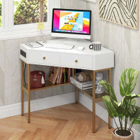 Ebern Designs Ebern Designs Corner Desk with Built-in Charging Station Storage Drawers & Open Shelves Office