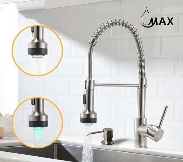 Pull-Down Spiral Flexible Kitchen Faucet 16.5 With LED Light And Soap Dispenser Brushed Nickel Finish in Plumbing, Sinks, Toilets & Showers
