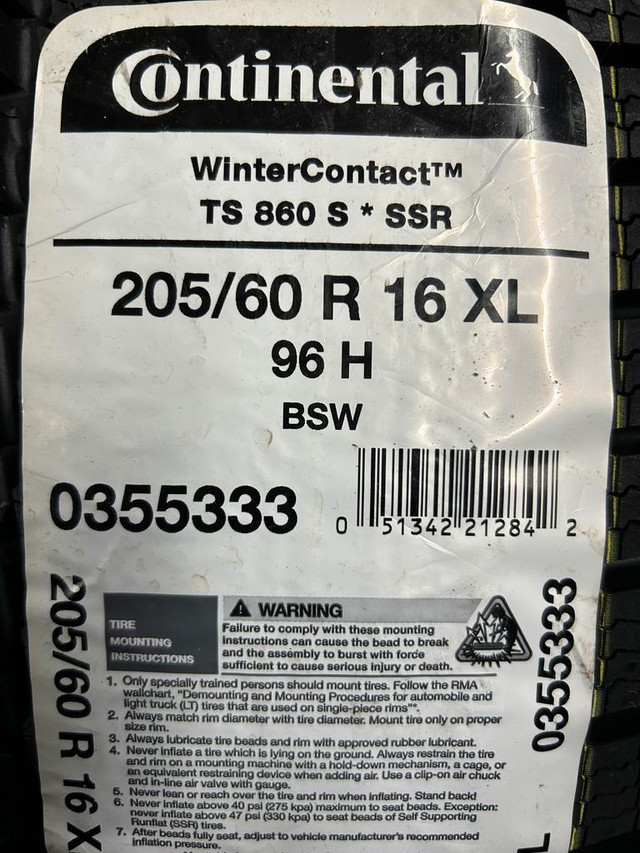 4 Brand New Continental WinterContact TS860 S SSR Runflats  205/60R16 Winter.$70 REBATE!! in Tires & Rims in Ottawa / Gatineau Area