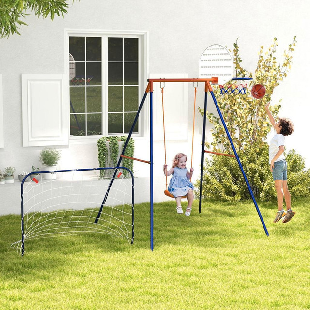 KIDS SWING OUTDOOR WITH SWING SEAT, BASKETBALL HOOP AND FOOTBALL GOAL, GROUND STAKES FOR 3-8 YEARS OLD in Toys & Games - Image 3