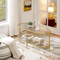 Rubbermaid Glass Coffee Table, Black Oval Coffee Table For Living Room, Modern Minimal 2-Tier Centre Table With Metal Fr