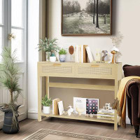 Bay Isle Home™ Farmhouse Rattan Console Table, 39" Sofa Tables, Wood Boho Rustic Narrow Entryway Table With Drawers And