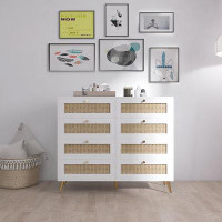 Bay Isle Home™ Chic White 8-drawer Chest With Rattan Accents, Golden Legs & Handles - Elegant Storage Solution
