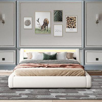Orren Ellis Upholstered Queen Size Leather Platform Bed With Led Light Headboard And Lift-Up Storage