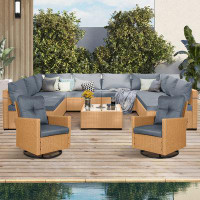 UPHA 11-Piece Beige Wicker Patio Conversation Set with Swivel Chairs, Beige Cushions