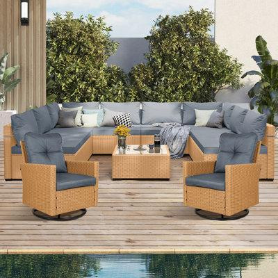 UPHA 11-Piece Beige Wicker Patio Conversation Set with Swivel Chairs, Beige Cushions in Patio & Garden Furniture