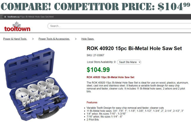 ROK® 15-PIECE BI-METAL HOLE SAW SET FOR USE ON WOOD, STEEL, AND MORE -- Competitor price $104.99 -- Our price $64.95! in Other - Image 3