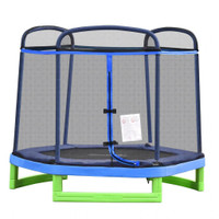 84.75 KIDS TRAMPOLINE 7 FT INDOOR OUTDOOR TRAMPOLINES WITH SAFETY NET ENCLOSURE BUILT-IN ZIPPER PADDED COVERING, FOR BO