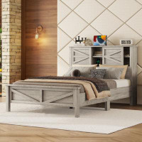 Myhomekeepers Farmhouse Platform Bed With Double Sliding Barn Door, Rustic Wood Bed Withcharging Station, Wood Slats Sup