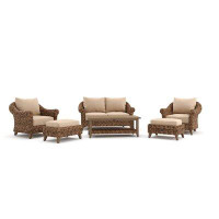 Winston Cayman Loveseat, Stationary Lounge Chair, Ottoman, and Coffee Table 6 Piece Rattan Seating Group with Sunbrella