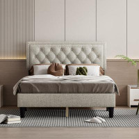 Winston Porter King size Bed with Adjustable Button-Tufted Headboard and Wood Slat Support