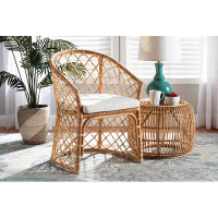 Bayou Breeze Lefancy  Orchard Modern Bohemian White Fabric Upholstered and Natural Brown Rattan Dining Chair