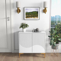 Mercer41 32"W WHITE Sideboard,Side Storage Cabinet with stripes,Accent Cabinet for Kitchen,Hallway,entryway