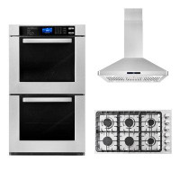 Cosmo 3 Piece Kitchen Package With 36" Gas Cooktop 36" Island Range Hood 30" Double Electric Wall Oven