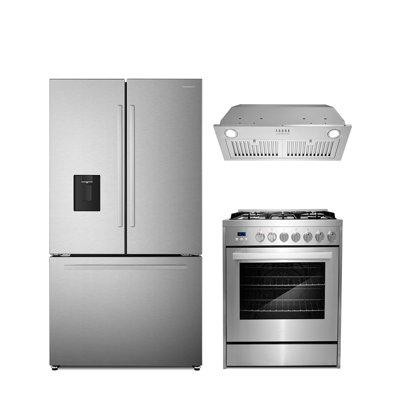 Cosmo 3 Piece Kitchen Package With 30" Freestanding Gas Range 30" Insert Range Hood & French Door Refrigerator in Refrigerators