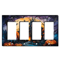 WorldAcc Metal Light Switch Plate Outlet Cover (Halloween Spooky Pumpkin Manor - Quadruple Rocker)