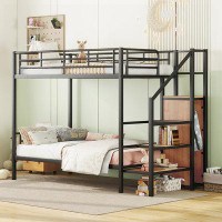 17 Stories Metal Bunk Bed with Lateral Storage Ladder and Wardrobe