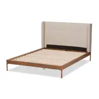 Orren Ellis Lefancy Keelie Mid-Century Modern Walnut Wood Beige Fabric Full Size Platform Bed