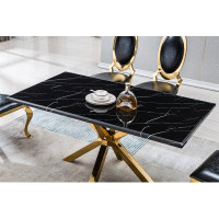 Everly Quinn Modern Rectangular Marble Table For Dining Room/Kitchen, 1.02" Thick Marble Top, Gold Finish Stainless Stee