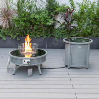 LeisureMod Leisuremod Walbrooke Modern Round Fire Pit Table And Tank Holder With Powder Coated Aluminum Slats Design For
